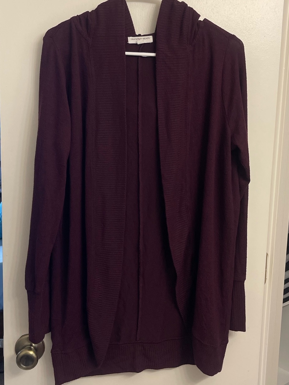 Grayson Threads Open-Front Hooded Cardigan in Plum